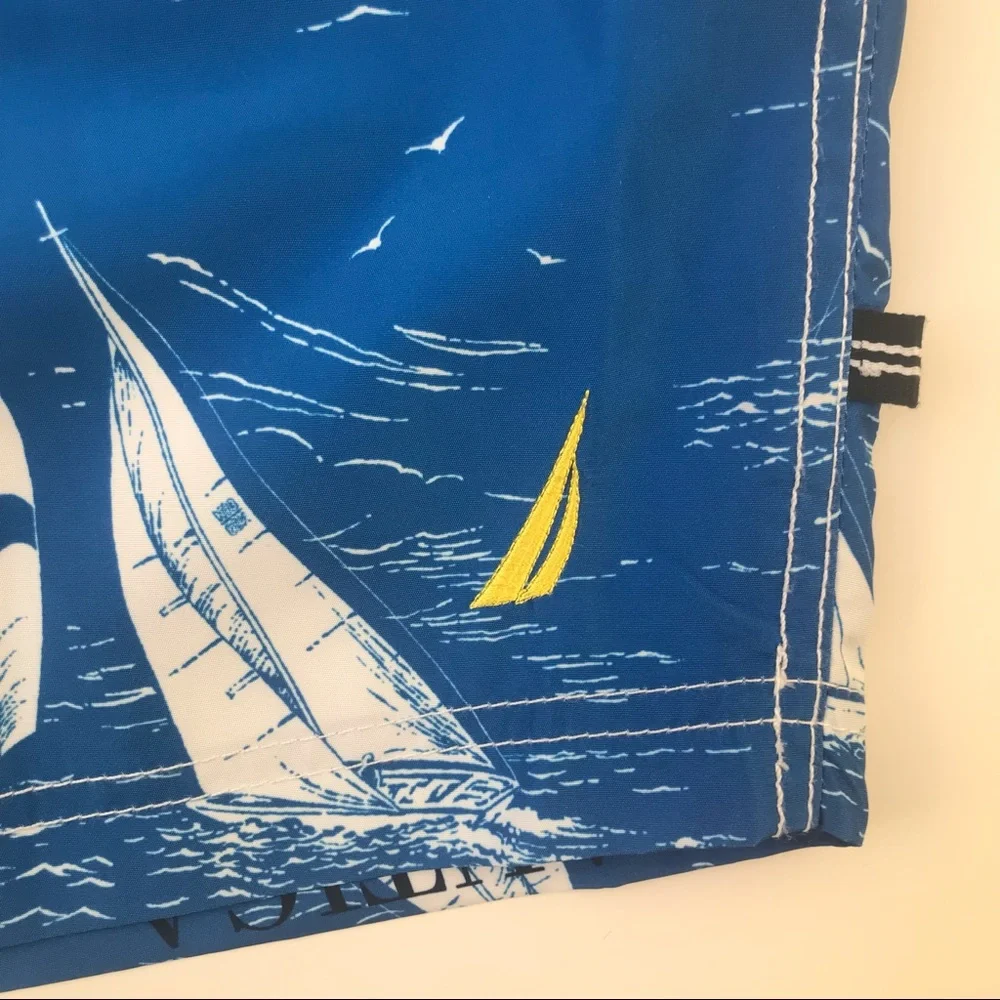 Nautica Vintage Sailboat Print Quick Dry Lined Swim Shorts Blue White Sz XXL NWT